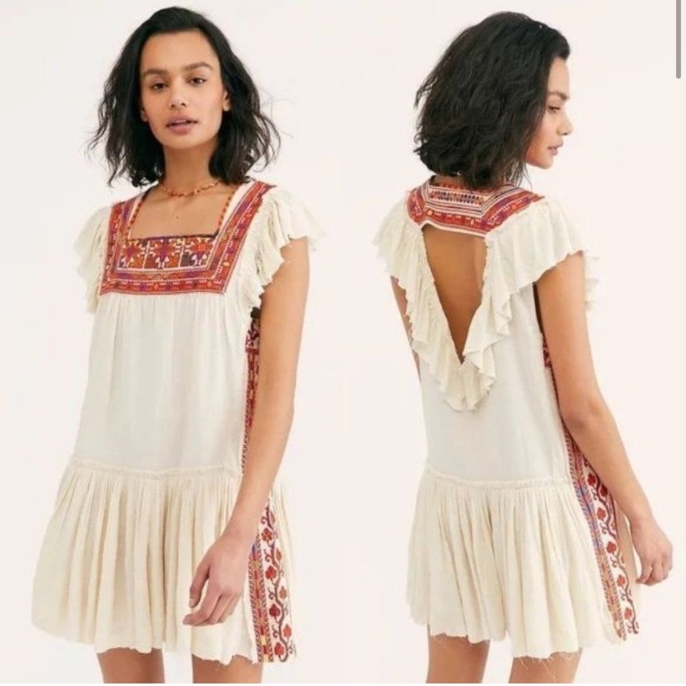 Free People Embroidered Day Glow Mini Open Back Ruffle Peasant Boho Dress